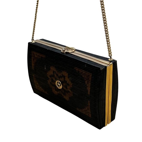 Handcrafted Women’s Black & Brown Chain Strap Woven Pattern Hardcase Clutch Bag - Picture 3 of 10